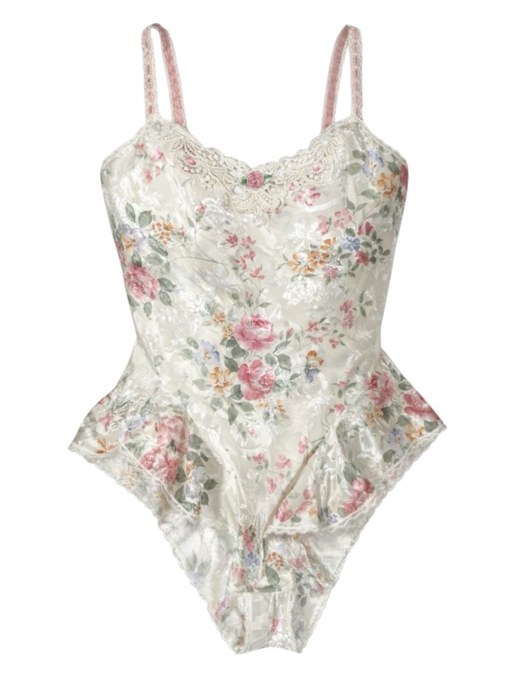 Vintage Lucie Ann II Floral Lace Satin Bodysuit Teddy Snap Crotch Small